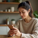 Femme utilisant une application d'achat mobile sur smartphone dans une cuisine moderne, illustration de la navigation sur Hacoo