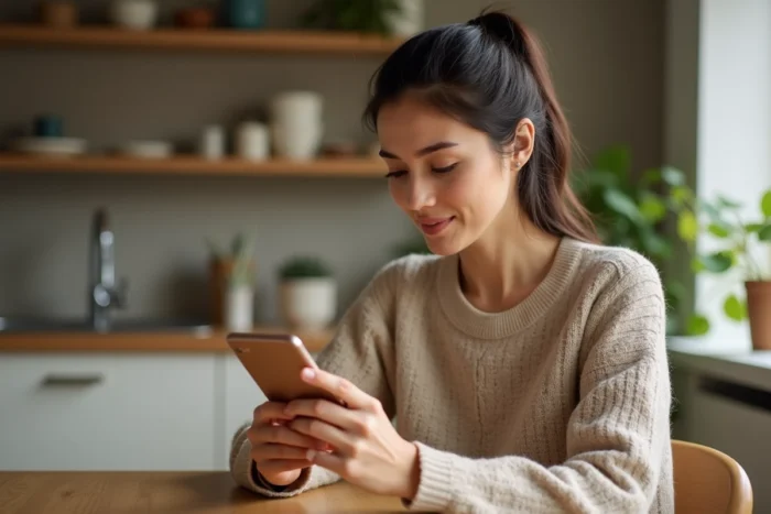 Femme utilisant une application d'achat mobile sur smartphone dans une cuisine moderne, illustration de la navigation sur Hacoo