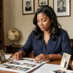 Femme d'origine mixte consultant des photos de famille et documents généalogiques sur un bureau en bois, explorant ses racines culturelles