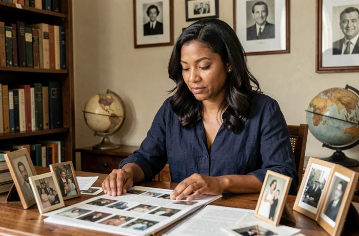 Femme d'origine mixte consultant des photos de famille et documents généalogiques sur un bureau en bois, explorant ses racines culturelles