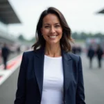 Femme élégante souriante dans l'environnement d'un paddock de course automobile, portrait 3/4 en extérieur