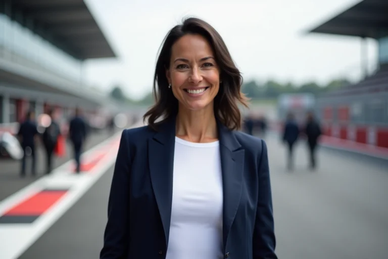 Femme élégante souriante dans l'environnement d'un paddock de course automobile, portrait 3/4 en extérieur