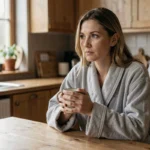 Femme pensive le matin tenant une tasse de café, symbolisant la réflexion après un rêve troublant sur la maladie
