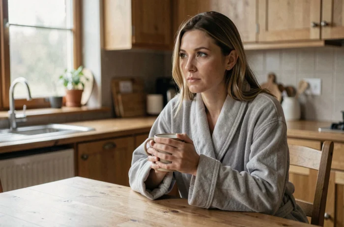 Femme pensive le matin tenant une tasse de café, symbolisant la réflexion après un rêve troublant sur la maladie