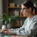 Femme en télétravail résolvant un problème de connexion à son espace client immobilier sur un ordinateur portable