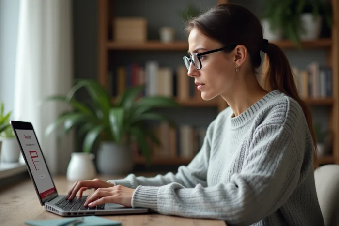 Femme en télétravail résolvant un problème de connexion à son espace client immobilier sur un ordinateur portable