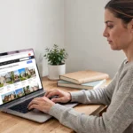 Femme consultant des annonces immobilières en ligne sur un ordinateur portable dans un bureau à domicile