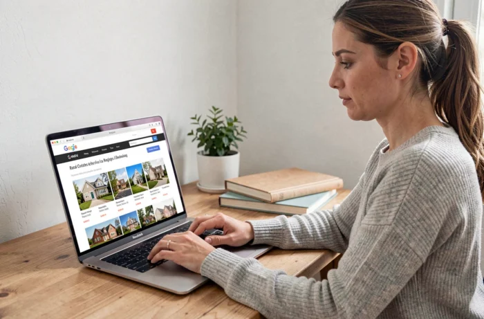 Femme consultant des annonces immobilières en ligne sur un ordinateur portable dans un bureau à domicile