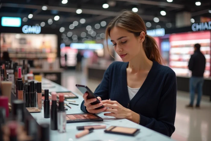Femme consultant son téléphone devant un comptoir de maquillage dans un grand magasin de beauté