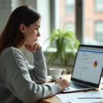 Femme analysant des mots clés SEO sur un ordinateur portable avec des résultats Google affichés à l'écran dans un bureau à domicile