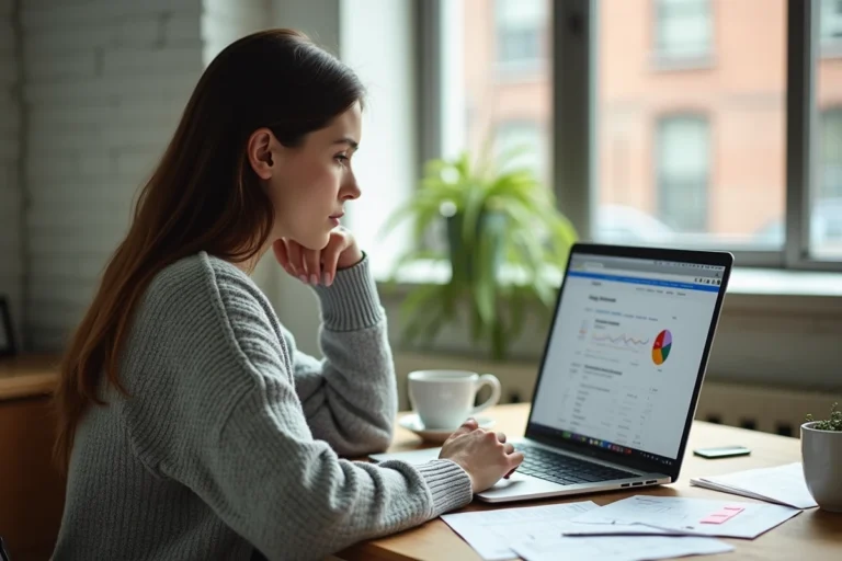 Femme analysant des mots clés SEO sur un ordinateur portable avec des résultats Google affichés à l'écran dans un bureau à domicile