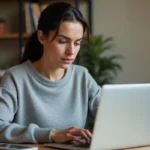 Femme cherchant la nouvelle adresse d'un site internet sur son ordinateur portable dans un bureau à domicile
