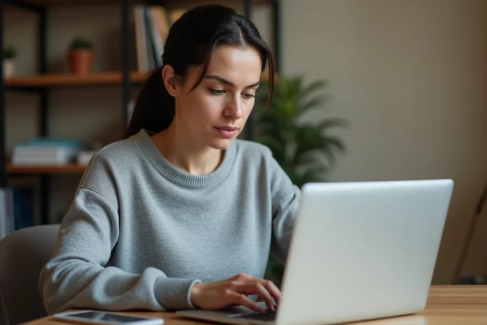 Femme cherchant la nouvelle adresse d'un site internet sur son ordinateur portable dans un bureau à domicile