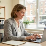 Femme consultant des offres immobilières en ligne sur un ordinateur portable dans un bureau à domicile