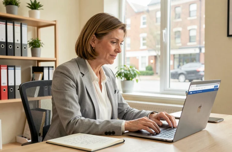 Femme consultant des offres immobilières en ligne sur un ordinateur portable dans un bureau à domicile