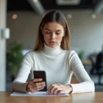 Femme explorant un smartphone pliable dans un espace de travail tech moderne et minimaliste