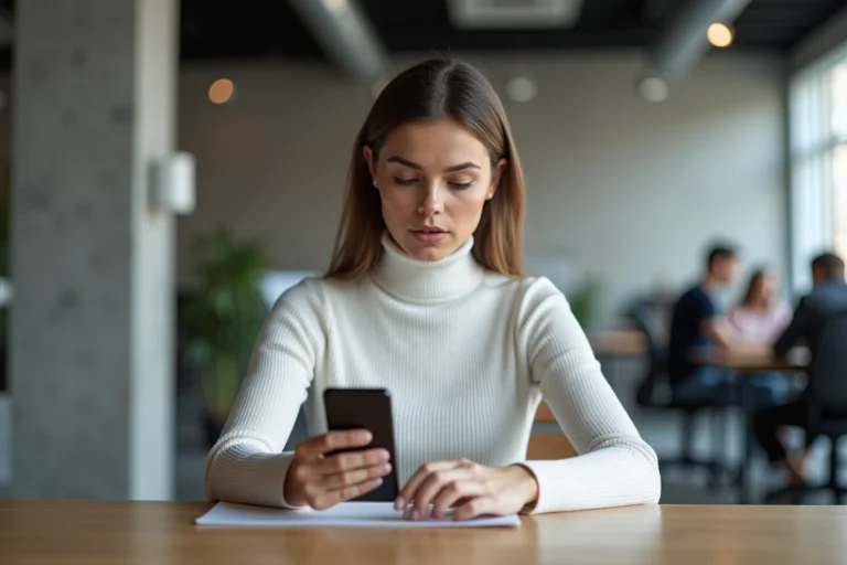 Femme explorant un smartphone pliable dans un espace de travail tech moderne et minimaliste