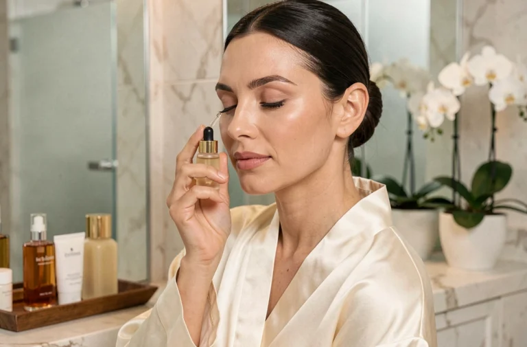 Femme appliquant un sérum de luxe Hermetise sur sa peau dans une salle de bain en marbre