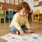 Petite fille de 2-3 ans pointant des fiches d'activités de comptage imprimées posées sur le sol d'une salle de classe maternelle