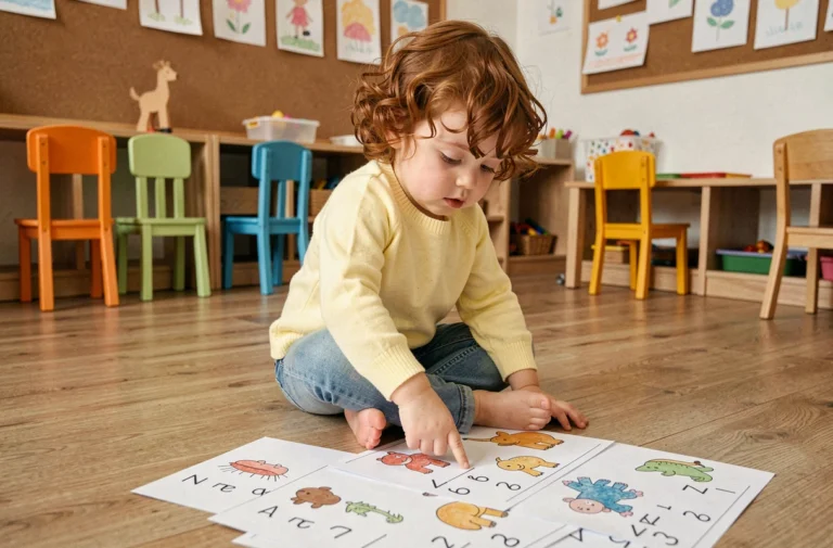 Petite fille de 2-3 ans pointant des fiches d'activités de comptage imprimées posées sur le sol d'une salle de classe maternelle