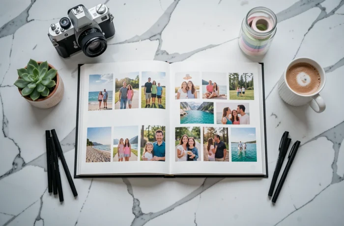 Flat-lay artistique d'un album photo de famille ouvert entouré d'accessoires de scrapbooking sur marbre blanc
