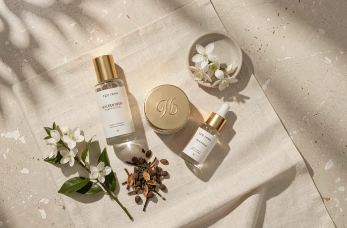 Mise en scène élégante de produits de beauté luxueux Hermetise sur fond de lin ivoire
