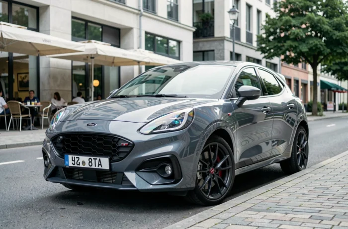 Ford Puma gris Solar finition ST-Line garé dans une rue urbaine moderne avec architecture contemporaine en arrière-plan