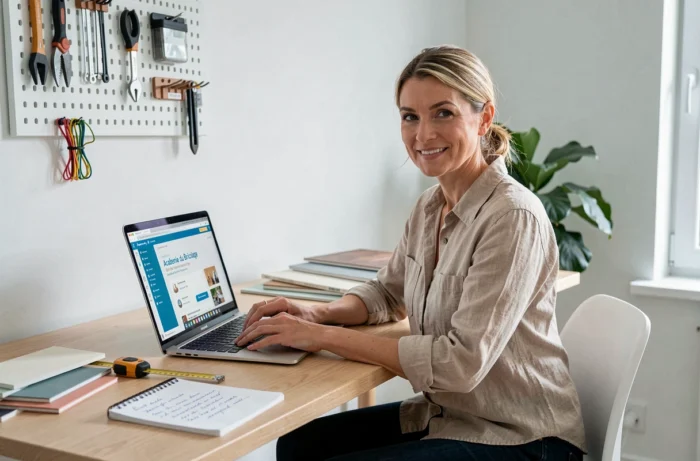 Femme suivant une formation CPF en ligne sur la plateforme d'une académie du bricolage depuis son bureau à domicile