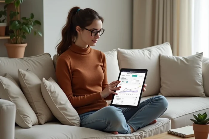 Jeune femme freelance en train de planifier sa stratégie de mots clés SEO sur une tablette depuis son salon minimaliste