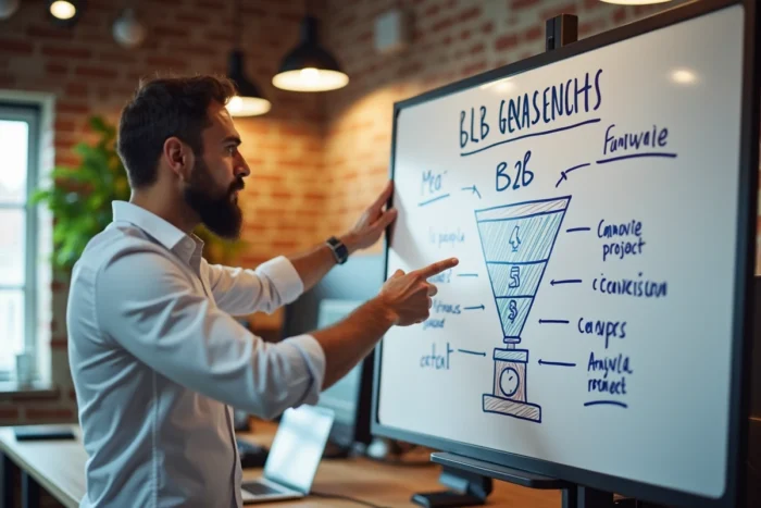 Manager debout devant un tableau blanc avec un schéma de funnel de génération de leads B2B dans un espace de coworking moderne