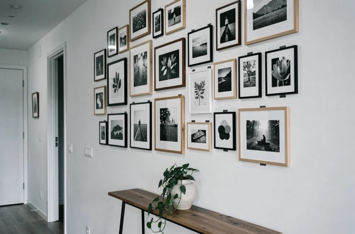 Galerie photo murale évolutive avec cadres variés accrochés sans perçage grâce à des fixations adhésives dans un couloir moderne