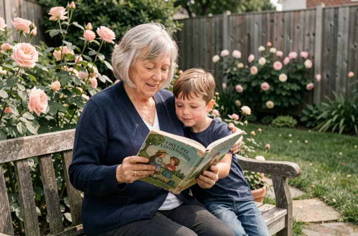 Grand-mère lisant un livre illustré à son petit-fils dans un jardin verdoyant pour favoriser l'éveil et le langage