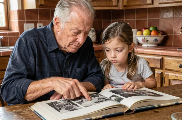 Grand-père et petite-fille feuilletant ensemble un album photo de famille vintage dans une cuisine chaleureuse