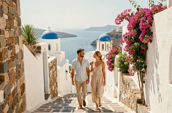 Couple se promenant dans un village aux maisons blanches et dômes bleus des îles du Dodécanèse face à la mer Égée