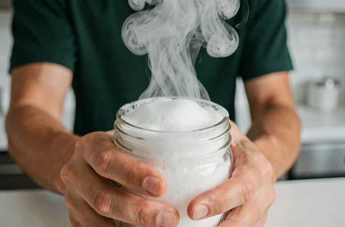 Gros plan de mains tenant un bocal en verre avec une mousse blanche et une vapeur s'échappant grâce au bicarbonate de soude