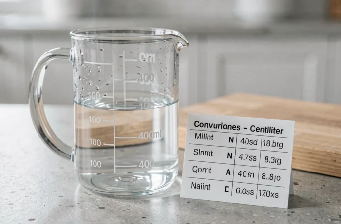 Gros plan d'un verre doseur en verre avec le repère 400 ml et une carte de conversion millilitres centilitres posée sur un comptoir en pierre grise