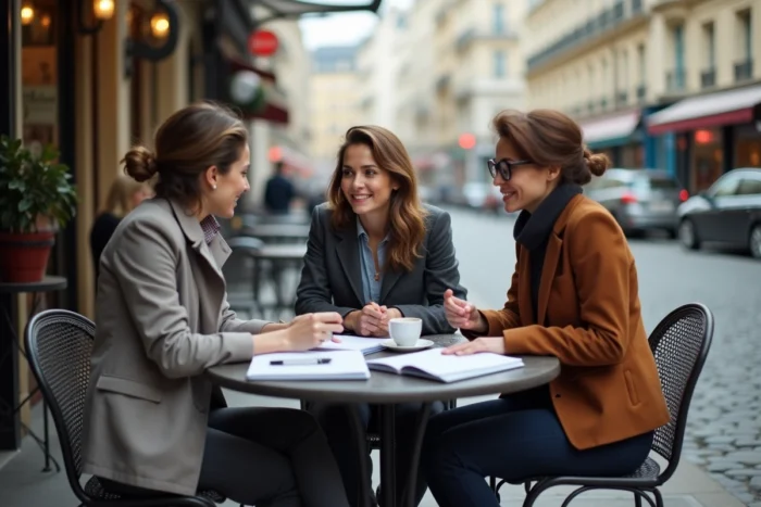 Groupe de professionnels discutant de choix de carrière et de salaire autour d'une table en terrasse parisienne, représentant la réflexion collective sur un revenu de 1800 euros net