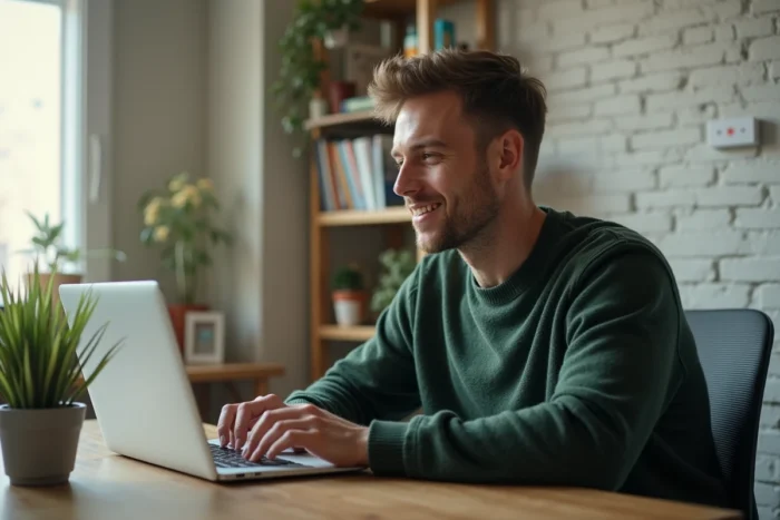 Homme accédant à sa messagerie professionnelle depuis son bureau à domicile sur un ordinateur portable