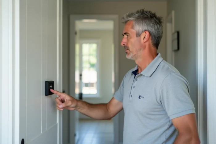 Homme activant un badge Verisure sur le lecteur mural de son système d'alarme à domicile