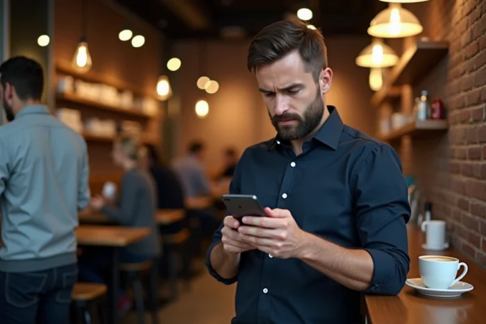 Homme consultant les actualités en temps réel sur son smartphone dans un café urbain animé