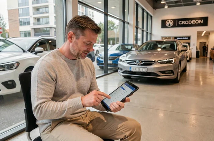 Homme comparant des modèles de voitures sur tablette dans un showroom automobile, tendances et conseils d'achat