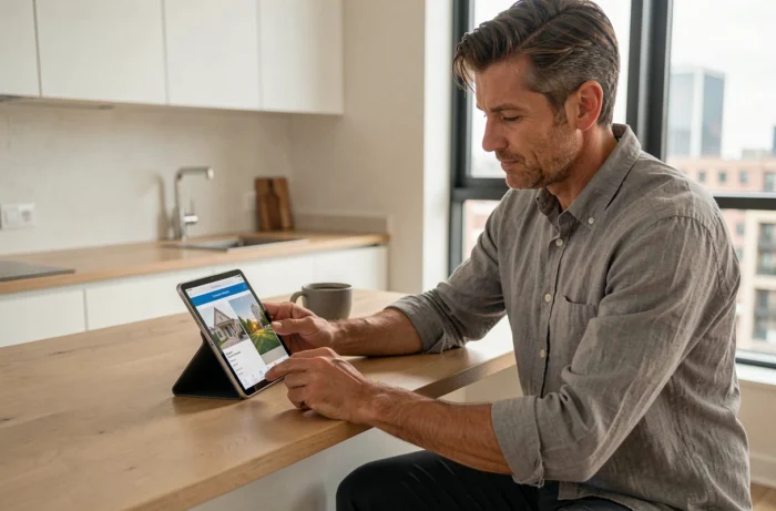 Homme consultant les actualités du marché immobilier sur une tablette dans un appartement moderne