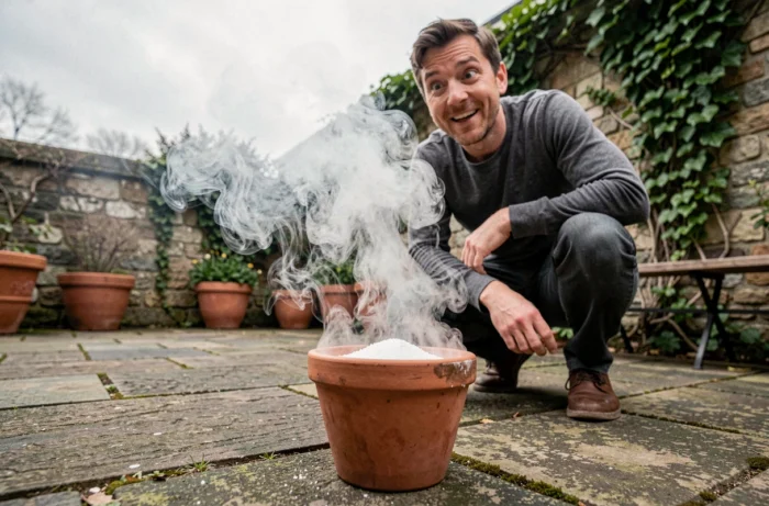 Homme observant une fumée blanche s'élever d'un pot en terre cuite avec du bicarbonate de soude en plein air