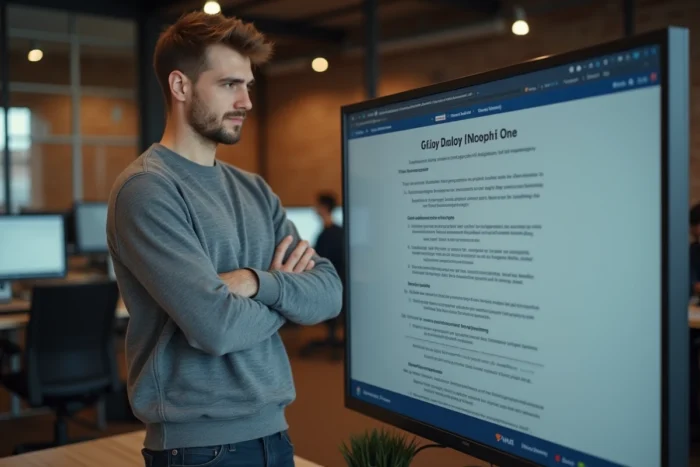 Homme consultant une page d'inscription en ligne à un certificat de luxe dans un espace de coworking moderne, l'air hésitant