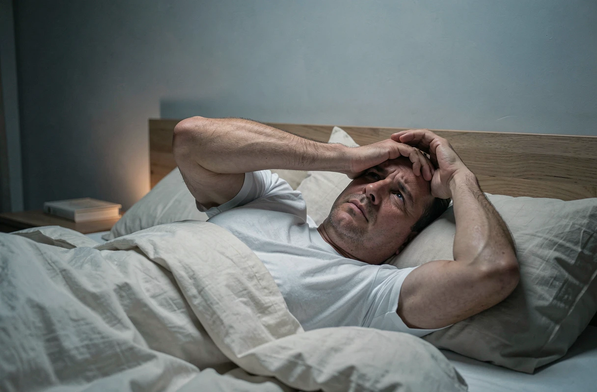 Homme allongé dans son lit les yeux ouverts la nuit, illustrant l'insomnie et l'angoisse après un rêve sur le cancer