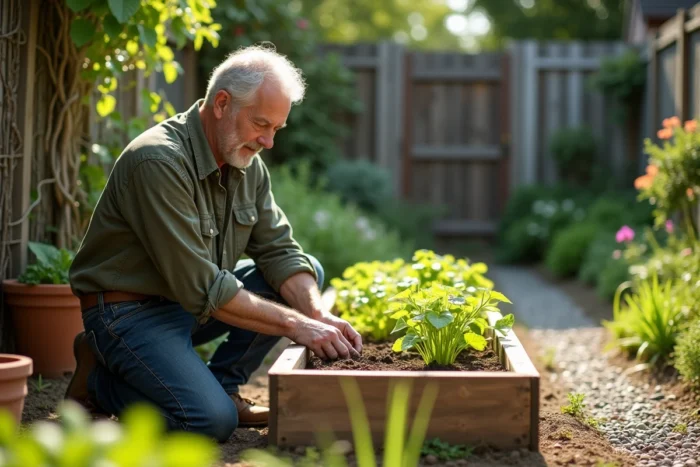 Homme jardenant dans un potager surélevé en bois dans un jardin verdoyant, activité de loisir en plein air au quotidien
