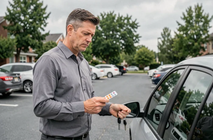 Homme tenant des médicaments et ses clés de voiture, hésitant à conduire après une prise médicamenteuse