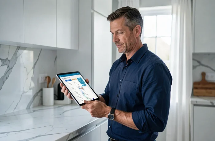 Homme naviguant sur le plan du site Mes Rêves via une tablette dans une cuisine moderne