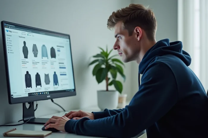 Homme naviguant sur un site de commerce en ligne depuis un ordinateur portable, représentant l'expérience d'achat sur Hacoo