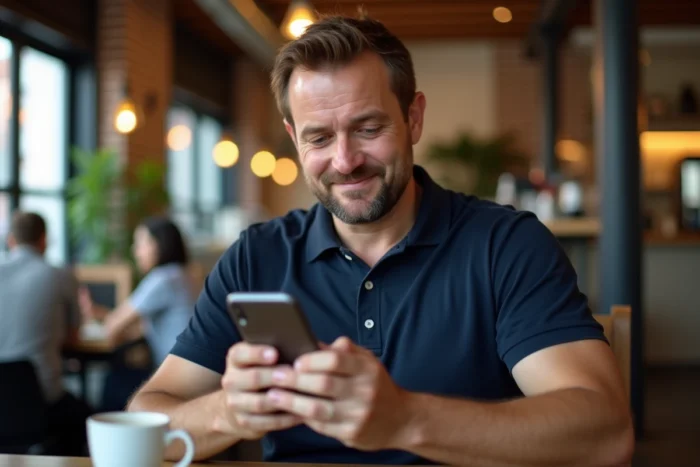 Homme consultant sur son smartphone la nouvelle URL d'un site web dans un café moderne